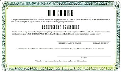 Insurance policy certificate for Macabre